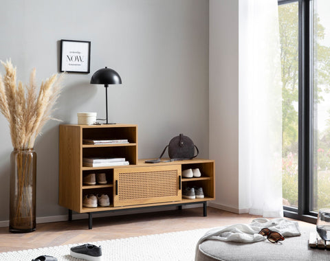 Rootz Modern Design Wardrobe Bench - Seat with Gray Fabric Cover - Sliding Door Storage - Oak Finish - Adjustable Shelves - 120cm x 75.5cm x 40cm