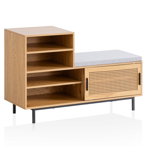 Rootz Modern Design Wardrobe Bench - Seat with Gray Fabric Cover - Sliding Door Storage - Oak Finish - Adjustable Shelves - 120cm x 75.5cm x 40cm