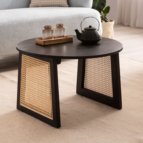 Rootz Modern Style Coffee Table - Round Table - Decorative Viennese Weave Legs - Natural Wood Grain - Handmade - Unique - Wood Protection - Anti-Slip Nubs - Height-Adjustable Knobs - 65cm x 65cm x 40cm