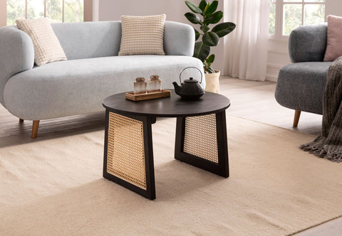 Rootz Modern Style Coffee Table - Round Table - Decorative Viennese Weave Legs - Natural Wood Grain - Handmade - Unique - Wood Protection - Anti-Slip Nubs - Height-Adjustable Knobs - 65cm x 65cm x 40cm