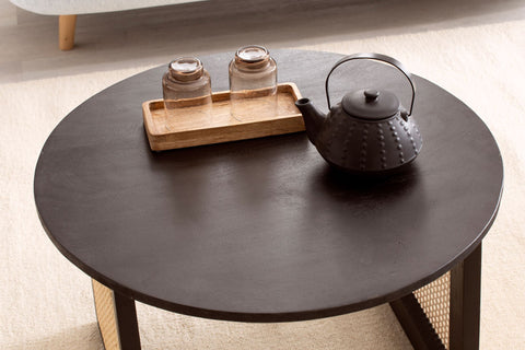 Rootz Modern Style Coffee Table - Round Table - Decorative Viennese Weave Legs - Natural Wood Grain - Handmade - Unique - Wood Protection - Anti-Slip Nubs - Height-Adjustable Knobs - 65cm x 65cm x 40cm