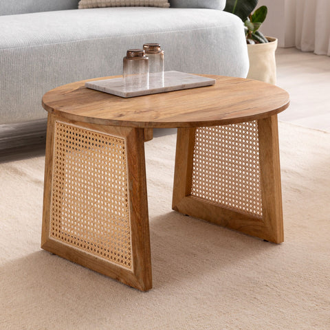 Rootz Modern Style Coffee Table - Round Table - Decorative Viennese Weave Legs - Natural Wood Grain - Handmade - Anti-Slip Nubs - Height Adjustable Knobs - 65cm x 65cm x 40cm