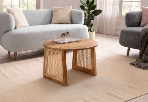 Rootz Modern Style Coffee Table - Round Table - Decorative Viennese Weave Legs - Natural Wood Grain - Handmade - Anti-Slip Nubs - Height Adjustable Knobs - 65cm x 65cm x 40cm