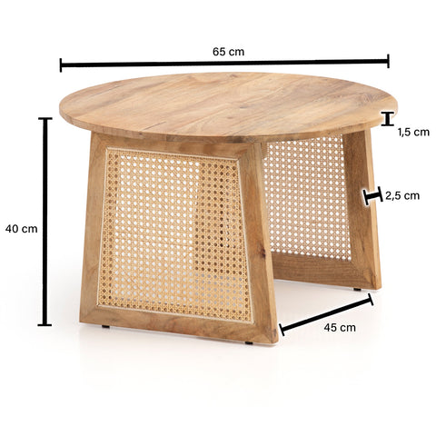 Rootz Modern Style Coffee Table - Round Table - Decorative Viennese Weave Legs - Natural Wood Grain - Handmade - Anti-Slip Nubs - Height Adjustable Knobs - 65cm x 65cm x 40cm