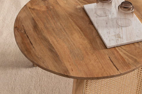 Rootz Modern Style Coffee Table - Round Table - Decorative Viennese Weave Legs - Natural Wood Grain - Handmade - Anti-Slip Nubs - Height Adjustable Knobs - 65cm x 65cm x 40cm