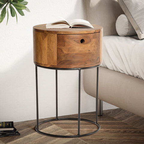 Rootz Round Night Box - Modern Nightstand - Elegant Bedside Table - Unique Handmade Design - 40cm x 40cm x 60cm - Sheesham Wood