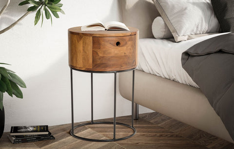 Rootz Round Night Box - Modern Nightstand - Elegant Bedside Table - Unique Handmade Design - 40cm x 40cm x 60cm - Sheesham Wood