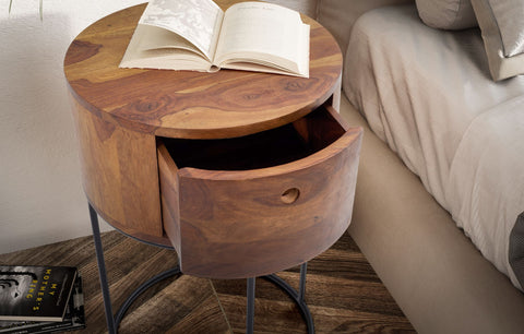 Rootz Round Night Box - Modern Nightstand - Elegant Bedside Table - Unique Handmade Design - 40cm x 40cm x 60cm - Sheesham Wood