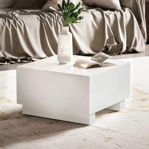 Rootz Elegant Coffee Table - Cube Table - High-Gloss Finish - White - Remote Control Storage - Versatile Design - 60cm x 60cm x 35cm