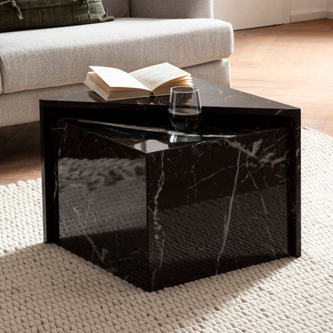 Rootz Coffee Table Set of 2 - Monobloc Tables - Black High Gloss Marble Look - Elegant & Space-Saving Design - 50cm x 50cm x 41.5cm & 46cm x 46cm x 36.5cm