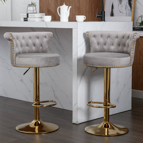 Rootz 2 Swivel Bar Stools Set - High-Back Chairs - Height Adjustable - Ergonomic Design - 54cm x 53cm x 82-101cm - Velvet & Gold Finish