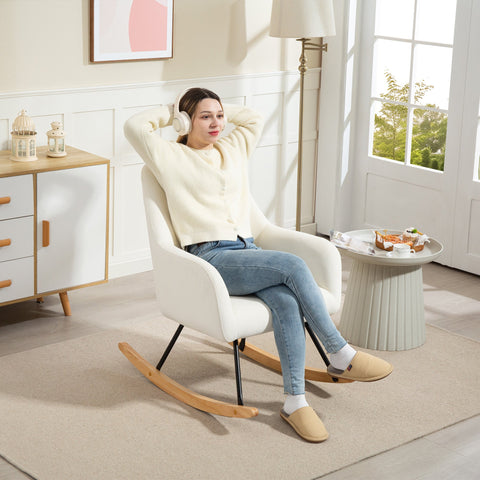 Rootz Rocking Chair - Recliner Chair - Velvet Accent Chair - Maximum Comfort - 68cm x 85cm x 89cm - Cream White