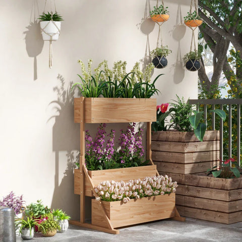 Rootz Raised Bed - 3 Flower Boxes - Weatherproof - Drainage Holes - Inner Lining - Natural Wood Frame - 108 x 80 x 140cm
