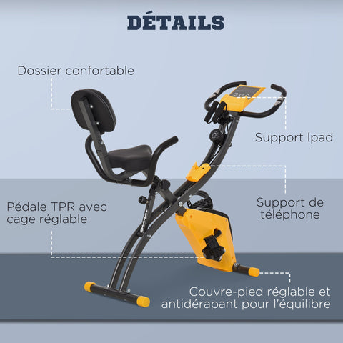 Rootz Foldable Exercise Bike - Stationary Bike - Fitness Cycle - 8 Levels Magnetic Resistance - 105cm x 48cm x 118cm - Steel - Yellow-Grey