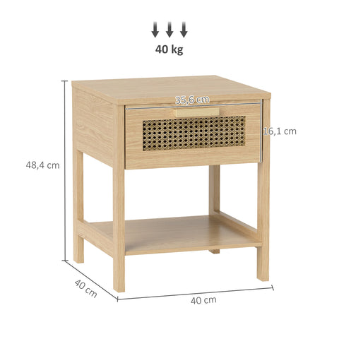 Rootz Bedside Night Cabinet - Side Table with Drawer - MDF - Rattan Design - 40 x 40 x 48.4 cm