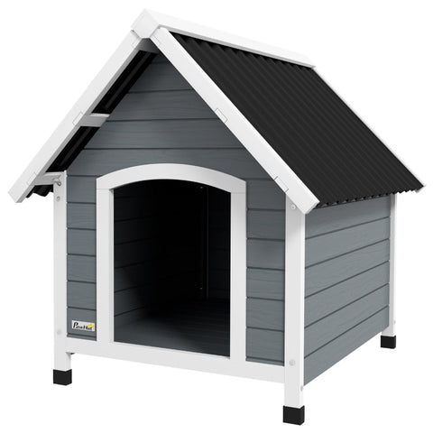 Rootz Medium Dog House - Wooden Pet Shelter - Weatherproof Canine Cabin - Raised Design - Corrugated Plastic Roof - 75cm x 88cm x 82cm