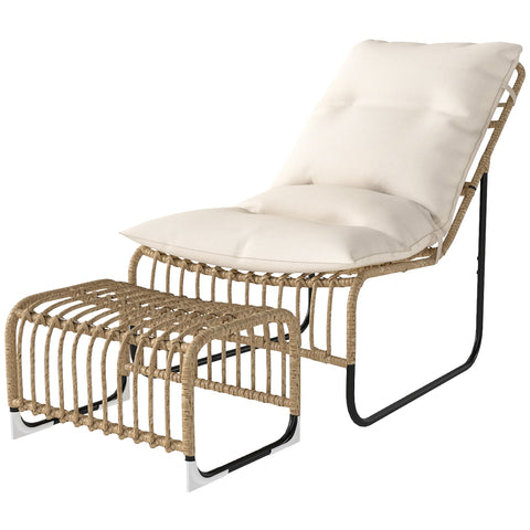 Rootz Rattan Relaxation Armchair with Foot Stool - Garden Armchair - Outdoor Lounge Chair - UV-Resistant - 65 x 93 x 80 cm