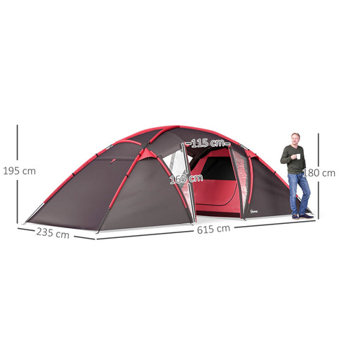 Rootz Tunnel Tent - Camping Tent - 4-6 Person Shelter - Water-Resistant - 6.15m x 2.35m x 1.95m - Grey and Red