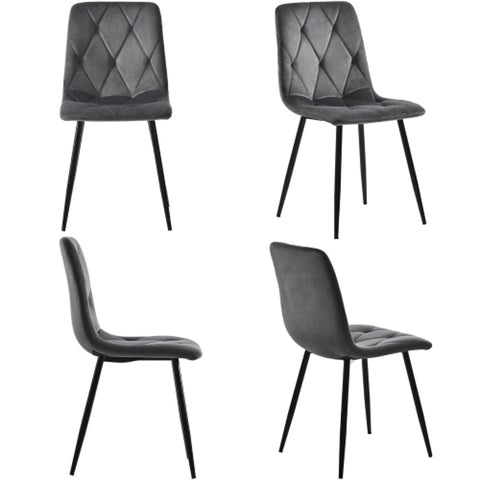 Rootz 4 Piece Set Gray Velvet Dining Chairs - Elegant Seating - Comfortable Chairs - Sturdy Black Metal Legs - 45L x 40W x 86H cm