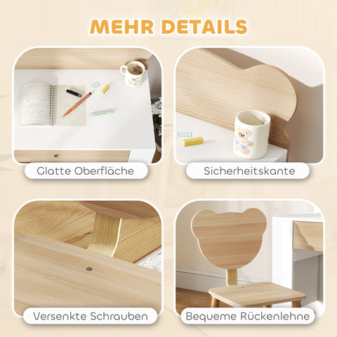 Rootz Children's Desk Set - Kids Study Table - Bear Design - Enhance Creativity - Brown & White - Desk: 80x74.5cm, Chair: 38x59cm