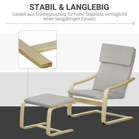 Rootz Armchair Set - Reclining Chair with Footstool - Linen Look - Wooden Frame - Lightweight & Compact - Breathable Cover - Light Grey - 66.5cm x 80cm x 99cm