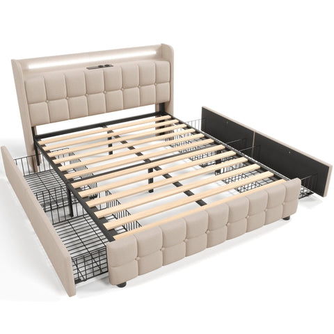 Rootz Padded Double Bed - Upholstered Bed - Linen Bed - USB Charging & LED Lighting - Beige - 144.5cm x 220cm x 103.5cm