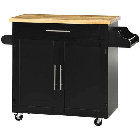 Rootz Kitchen Trolley - Kitchen Island - Serving Trolley - 1 Spice Rack - 1 Towel Holder - Rubber Wood - Black - 109L x 40W x 89H cm