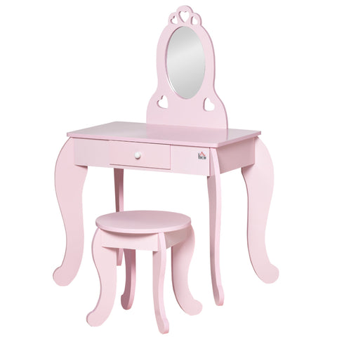 Rootz Children's Dressing Table Set - Makeup Vanity - Kid's Beauty Table - Heart Design - MDF, Pink - 60L x 36W x 88H cm