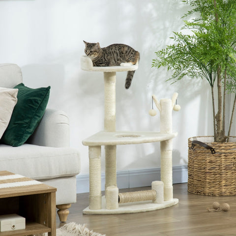 Rootz Cat Tree - Scratching Post - Cat Bed - Interactive Toys - Sisal Posts - Cozy Bed - Sturdy and Durable - 48cm x 48cm x 91cm Cream White