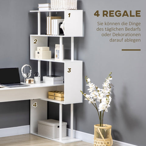 Rootz Gaming Table with 4 Shelves - Corner Desk - Computer Desk - Spacious Work Surface - Ample Storage - Space-Saving Design - 120cm x 80cm x 176cm - White Chipboard