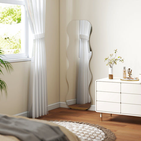 Rootz Full-Length Mirror - Standing Mirror - Floor Mirror - Shatterproof Safety Glass, Pine Wood Base, 160x50 cm, Black, Wave Design, Frameless