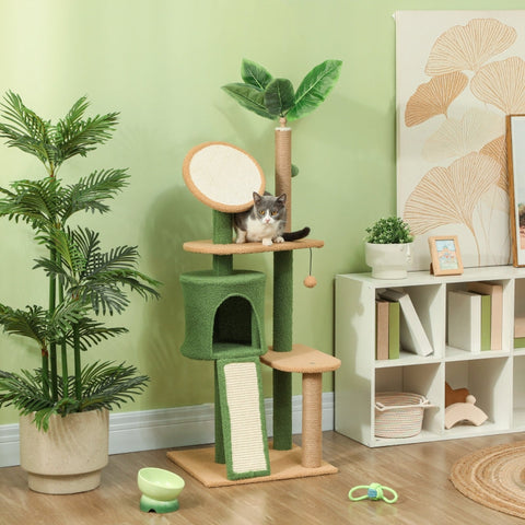 Rootz Cat Tree with Artificial Leaves - Scratching Post - Play Center - Plush & Jute Comfort - 48L x 44W x 139H cm
