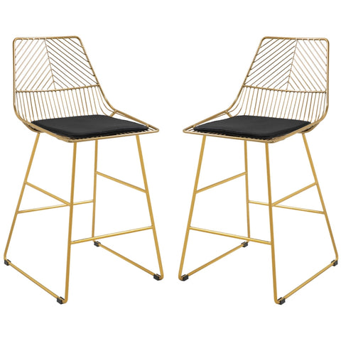 Rootz Bar Stools Set of 2 - Counter Height - Velvet Cushions - Geometric Metal Design - 120kg Load Capacity - 46cm x 56cm x 95cm