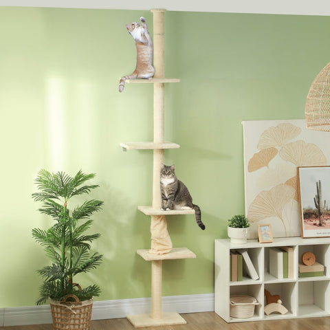 Rootz Floor to Ceiling Cat Tree - Adjustable Cat Scratching Post - Extendable Height - 5 Cozy Floors - Stable Base - Cat Furniture - 42.5cm x 26.5cm x 225-275cm