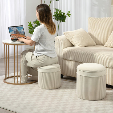 Rootz Set of 2 Storage Stools - Ottomans - Velvet Footstool - Space-Saving, Hidden Storage - White - 36x36x41.5cm & 32x32x33.5cm