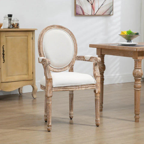 Rootz Dining Room Chair - Retro Design - Kitchen Chair With Armrests - Living Room Chair - Upholstered Chair - Cream White + Light Wood - 56 x 56 x 96 cm