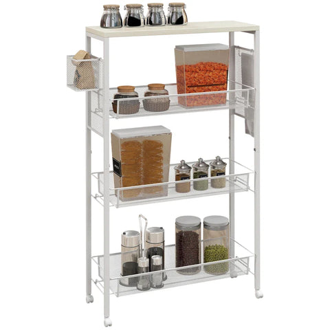 Rootz Niche Trolley - Multi-purpose Trolley - Kitchen Trolley - 3 Shelves - Hooks - Chipboard - White - 58 cm x 18.5 cm x 87 cm