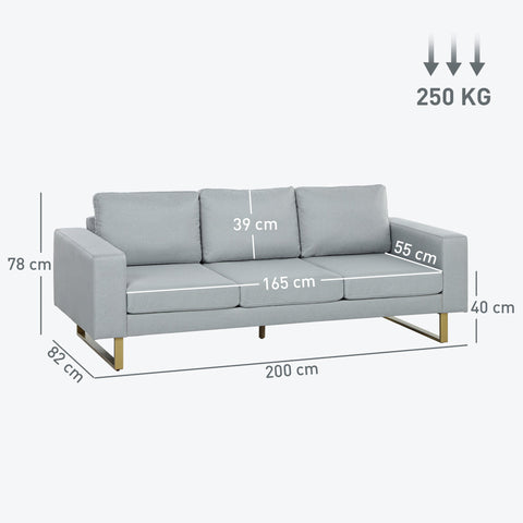 Rootz 3-Seater Sofa - Couch - Grey Upholstery - Solid Wood Frame - Metal Legs - 200L x 82B x 78H cm