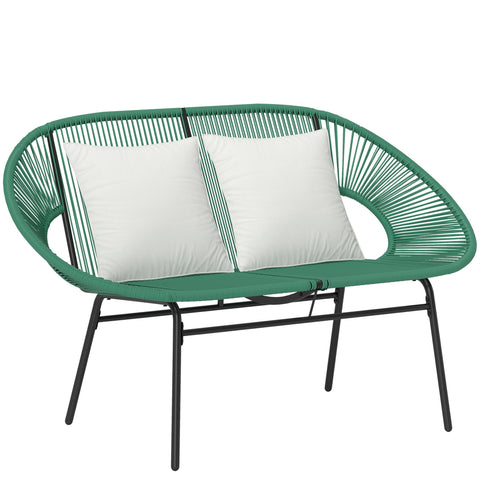 Rootz Garden Bench 2-Seater - Outdoor Sofa - Patio Lounge Seat - Chic Design - 132L x 72B x 83H cm - Steel & Rattan Rope Mesh with Pillows