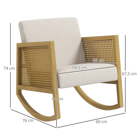 Rootz Boho Rocking Chair - Recliner - Glider - Soft Padding - Natural Rattan Decor - 60cm x 76cm x 74cm - Rubber Wood Frame - Cream