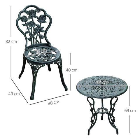 Rootz 3 Piece Bistro Set - Garden Furniture - Outdoor Patio Set - Antique Green - Weatherproof - Durable - Parasol Holder - Chair: W49 x D40 x H82 cm, Table: Ø60 x H69 cm