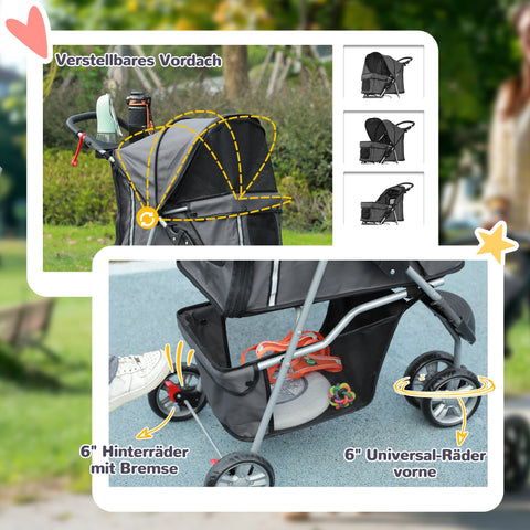 Rootz Dog Car - Pet Buggy - Foldable Stroller - Supports Pets Up to 10kg - Grey - 75cm x 45cm x 97cm