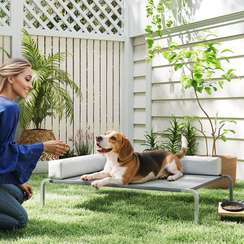 Rootz Outdoor Dog Bed - Elevated Pet Lounger - Raised Dog Sofa - Breathable Comfort - 110cm x 75cm x 30cm - Grey