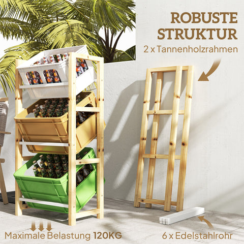 Rootz Beverage Crate Shelf - Wooden Storage Stand - 3-Tier Box Organizer - Natural Spruce Wood - 56 x 32 x 112 cm - Ideal for Parties & BBQs