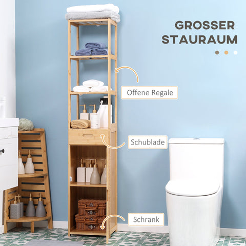 Rootz Bathroom Shelf - Storage Cabinet - Organizer Unit - Bamboo Construction - 3 Compartments, Drawer - 32 x 30 x 163 cm