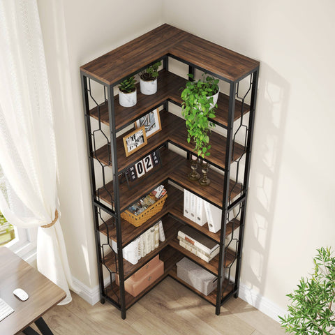 Rootz 7-Tier Corner Shelf - Space-Saving Bookcase - Hexagonal Storage Unit - Enhances Organization - 60cm D x 60cm W x 200cm H
