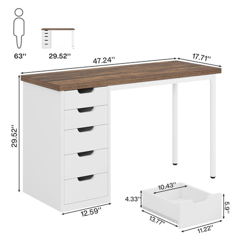 Rootz Home Office Desk - Writing Desk - Study Table - 5 Drawers - Solid Stability - 45 cm D x 120 cm W x 75 cm H