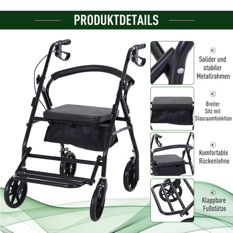 Rootz Rollator with Chair - Foldable Walker - Mobility Aid - Adjustable Height - 57.5cm x 87cm x 82-90cm