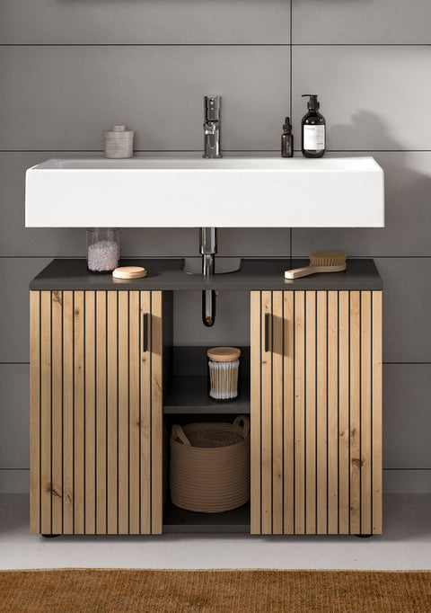 Rootz Washbasin Base Cabinet - Vanity Unit - Bathroom Storage - Easy-Care Front - 80x59x30 cm Grey & Brown  Imitation