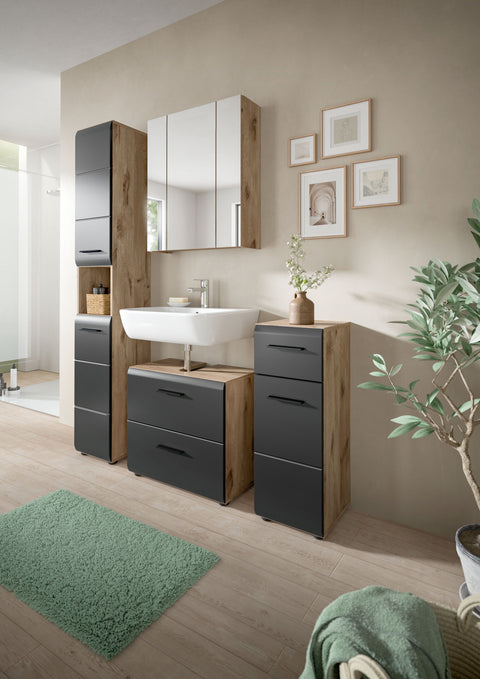 Rootz 4-Piece Bathroom Combination - Vanity Unit - Tall Cabinet - Easy Assembly - Black and Brown - 150x185x30 cm